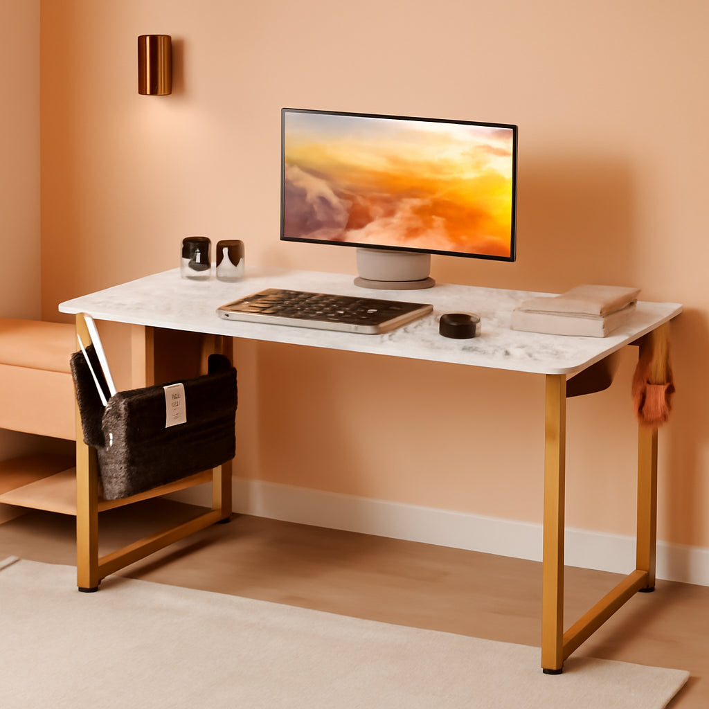 40Inch Computer Desk With Storage White Marble Top