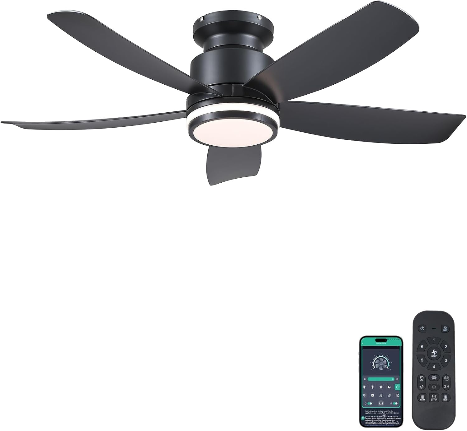 41 Inch Ceiling Fan Black Finish Remote App Control