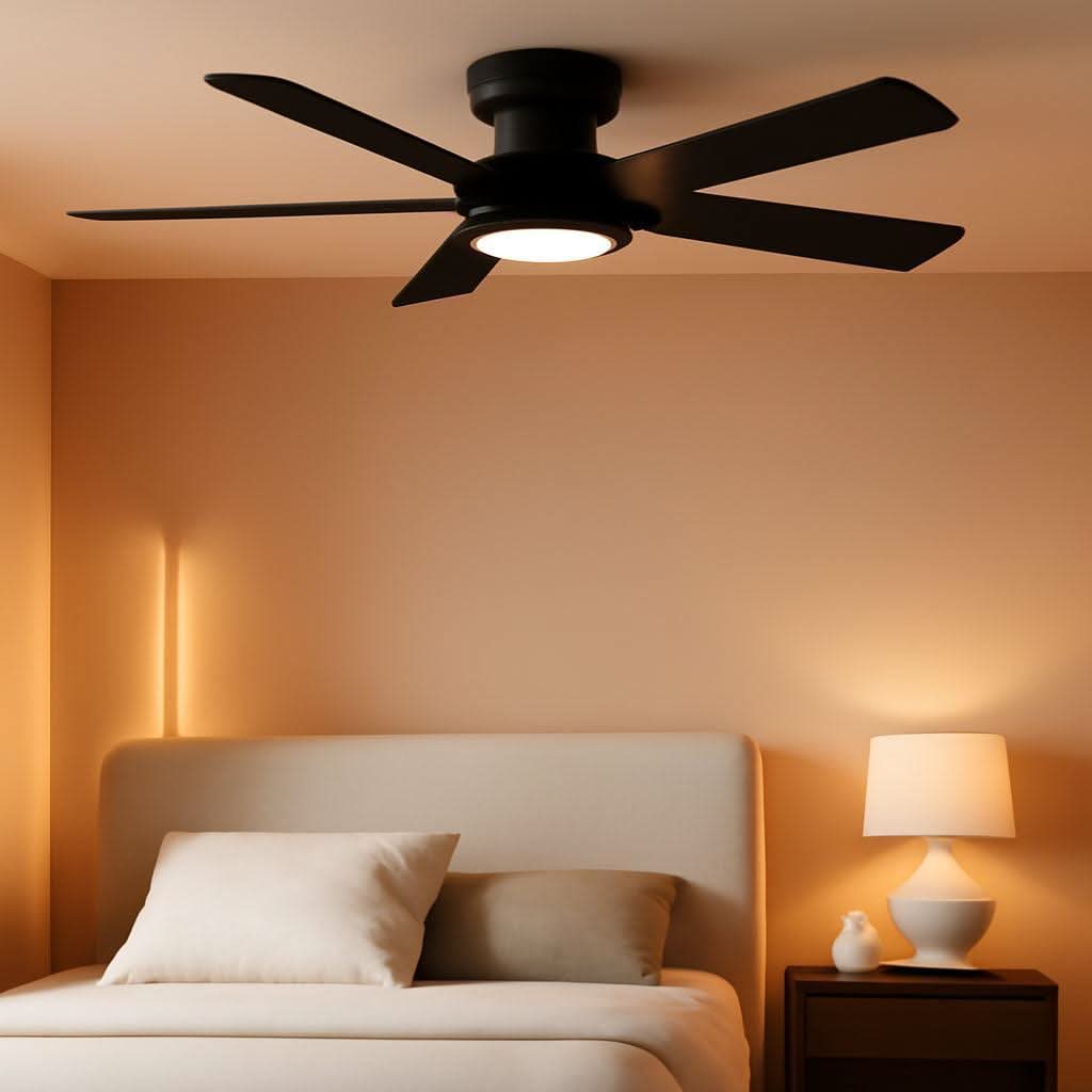 42 Inch Black Flush Mount Ceiling Fan With Remote Light