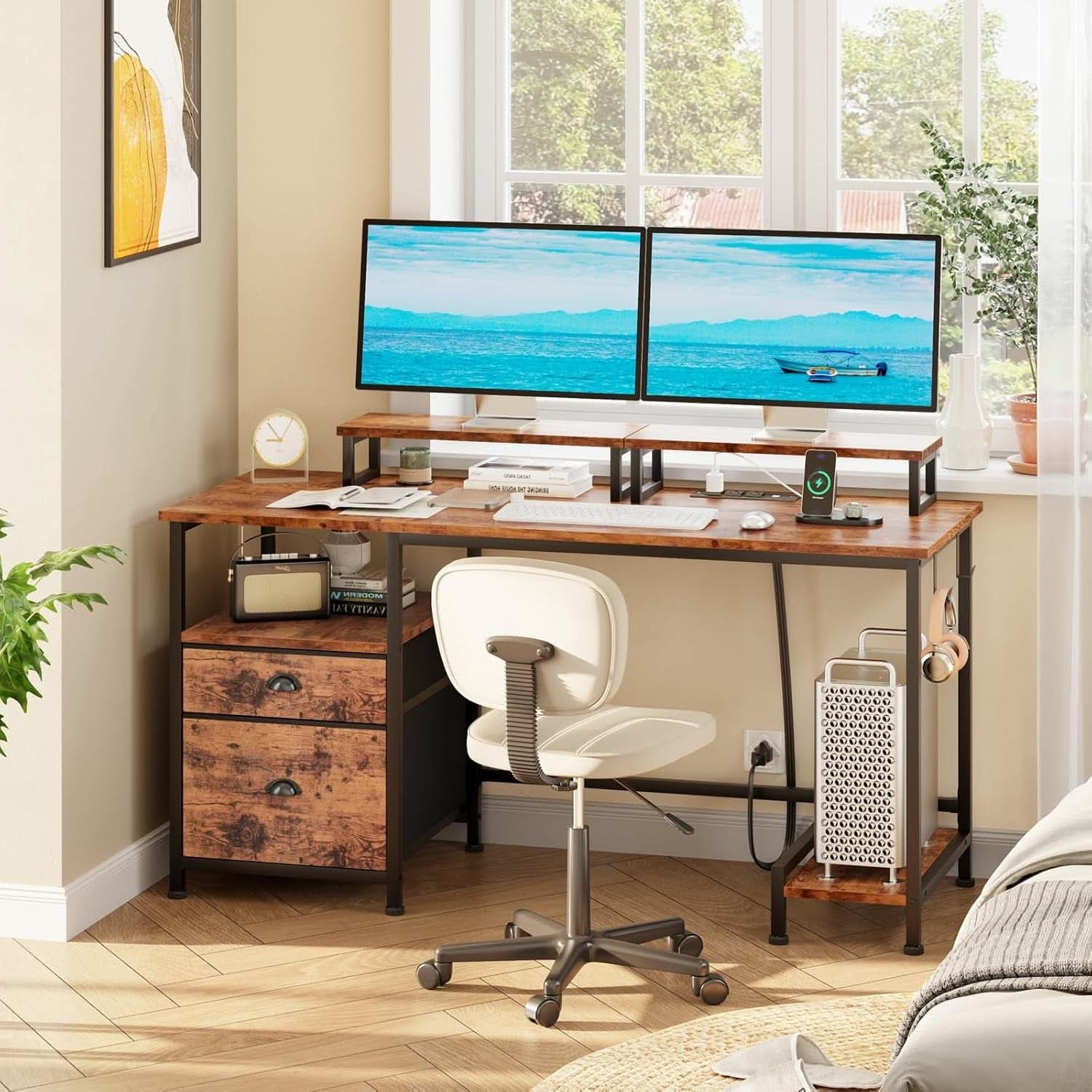 47 Inch Computer Desk With Power Outlets Monitor Stands