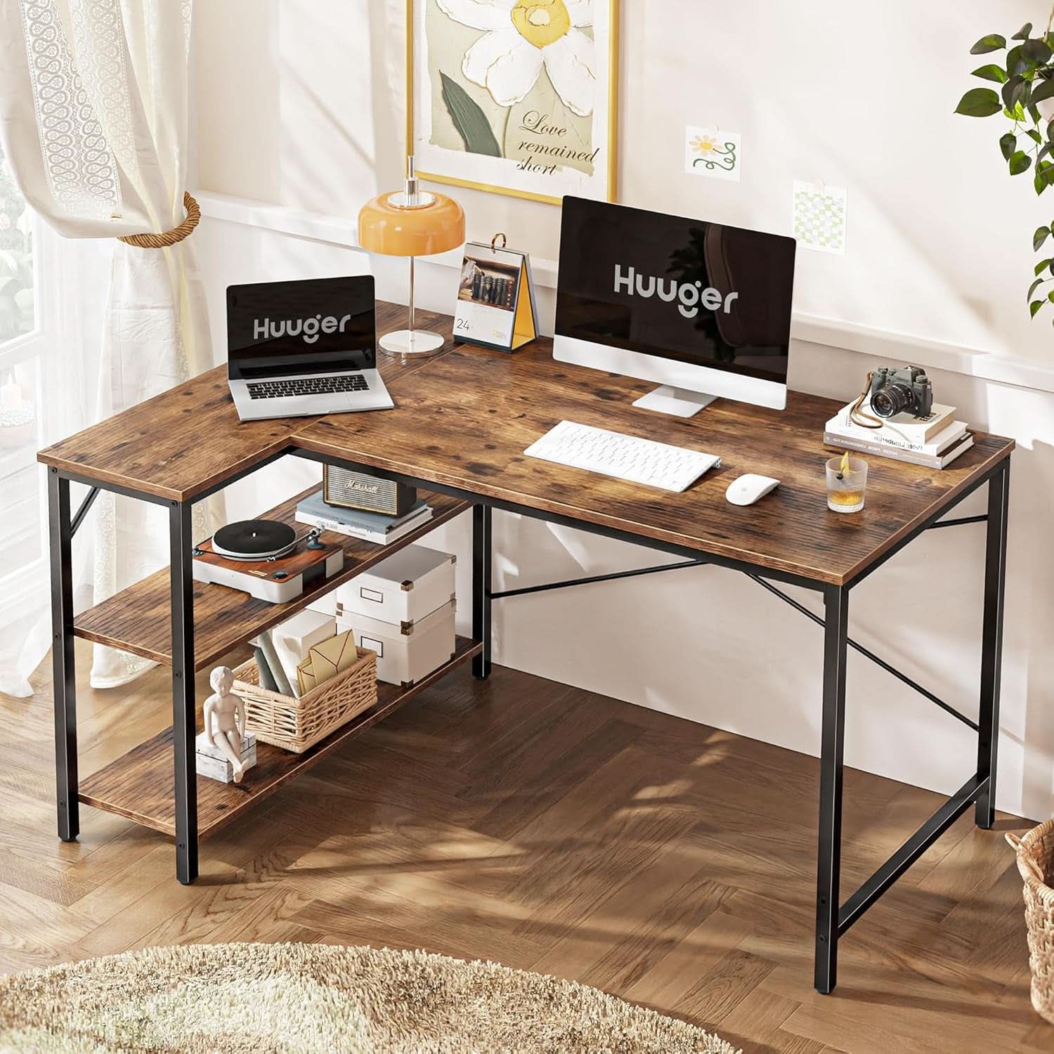 47 Inch L Shaped Desk With Reversible Shelves Rustic Brown