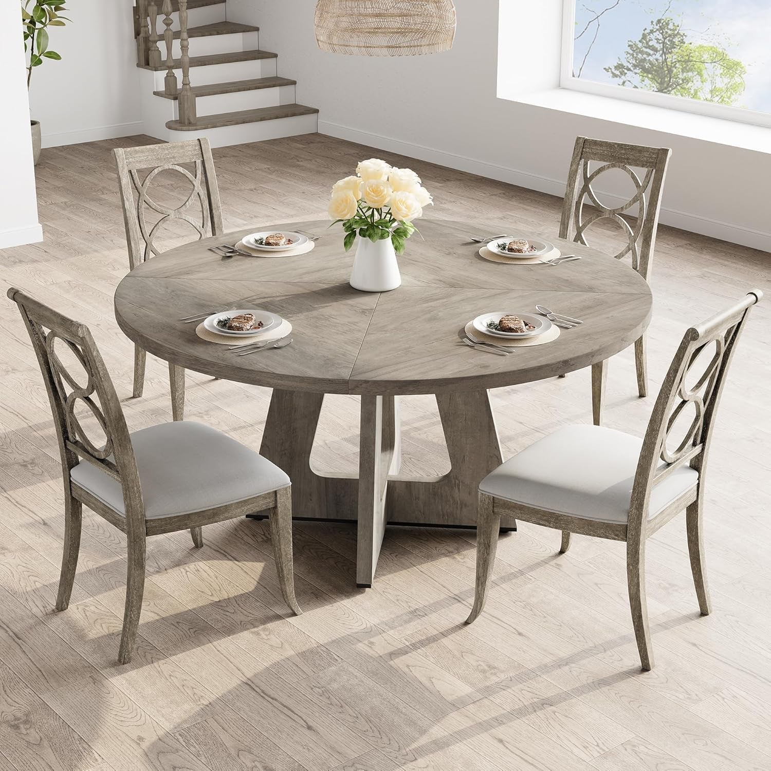 47 Inch Round Dining Table Set Slate Grey Finish Ultra