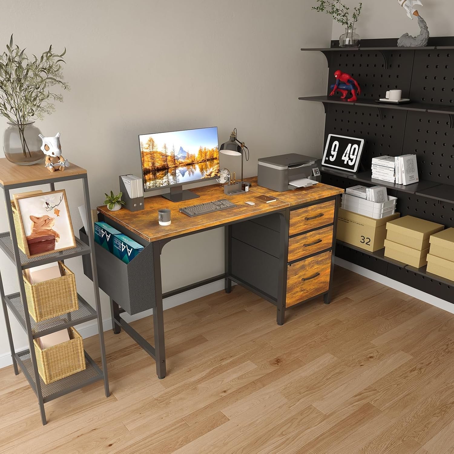 47-Inch Rustic Computer Desk With Fabric File Drawers