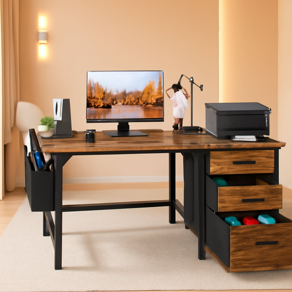 47-Inch Rustic Computer Desk With Fabric File Drawers