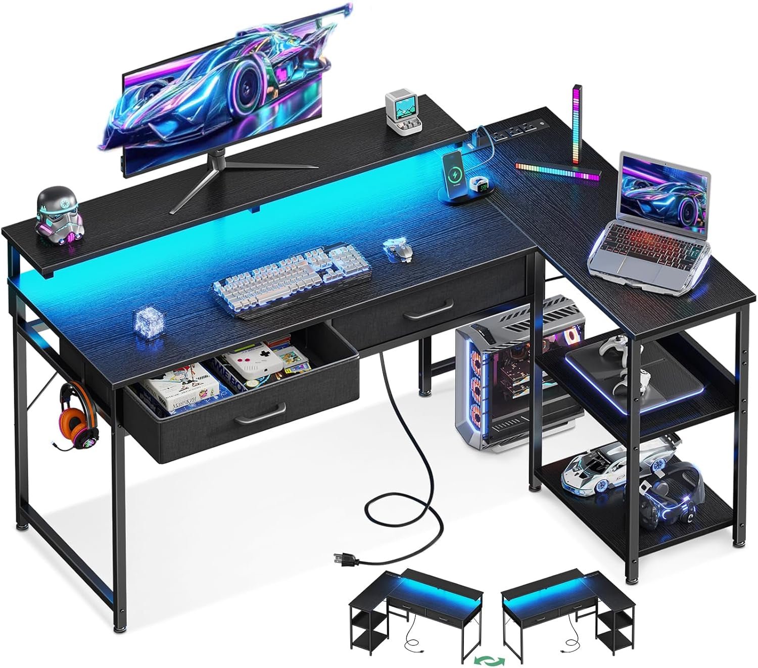 48 Inch L Shaped Gaming Desk with USB Ports