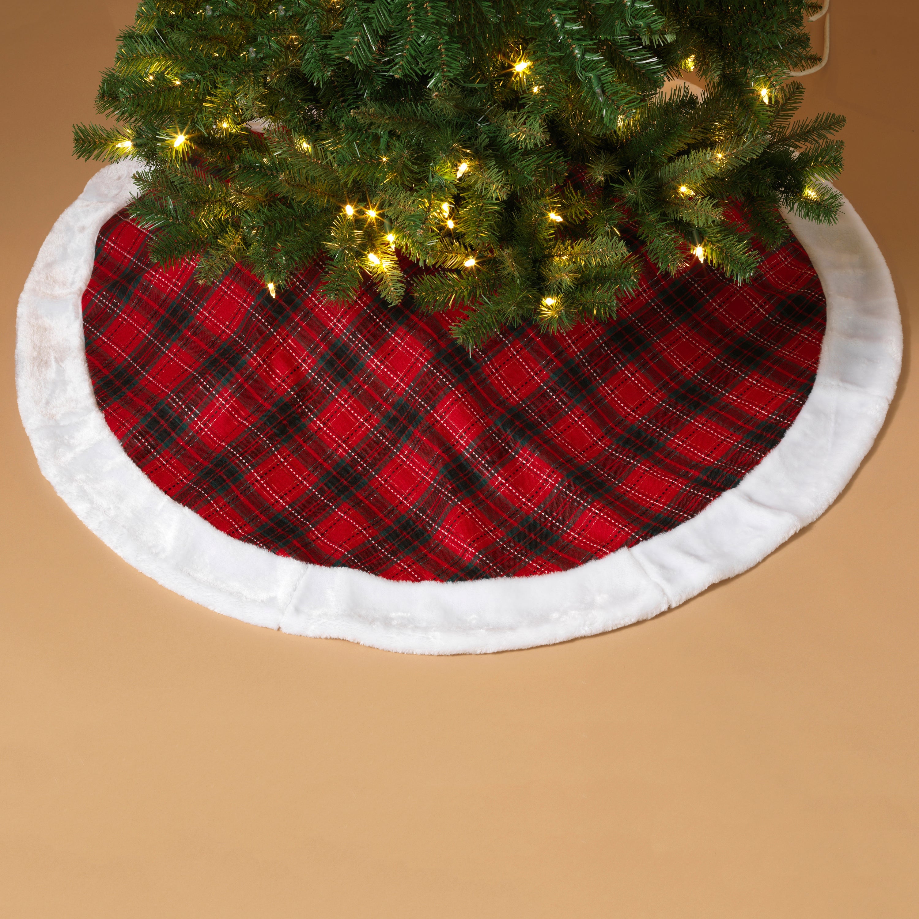 48" Red Plaid Tree Skirt With Faux Fur Border