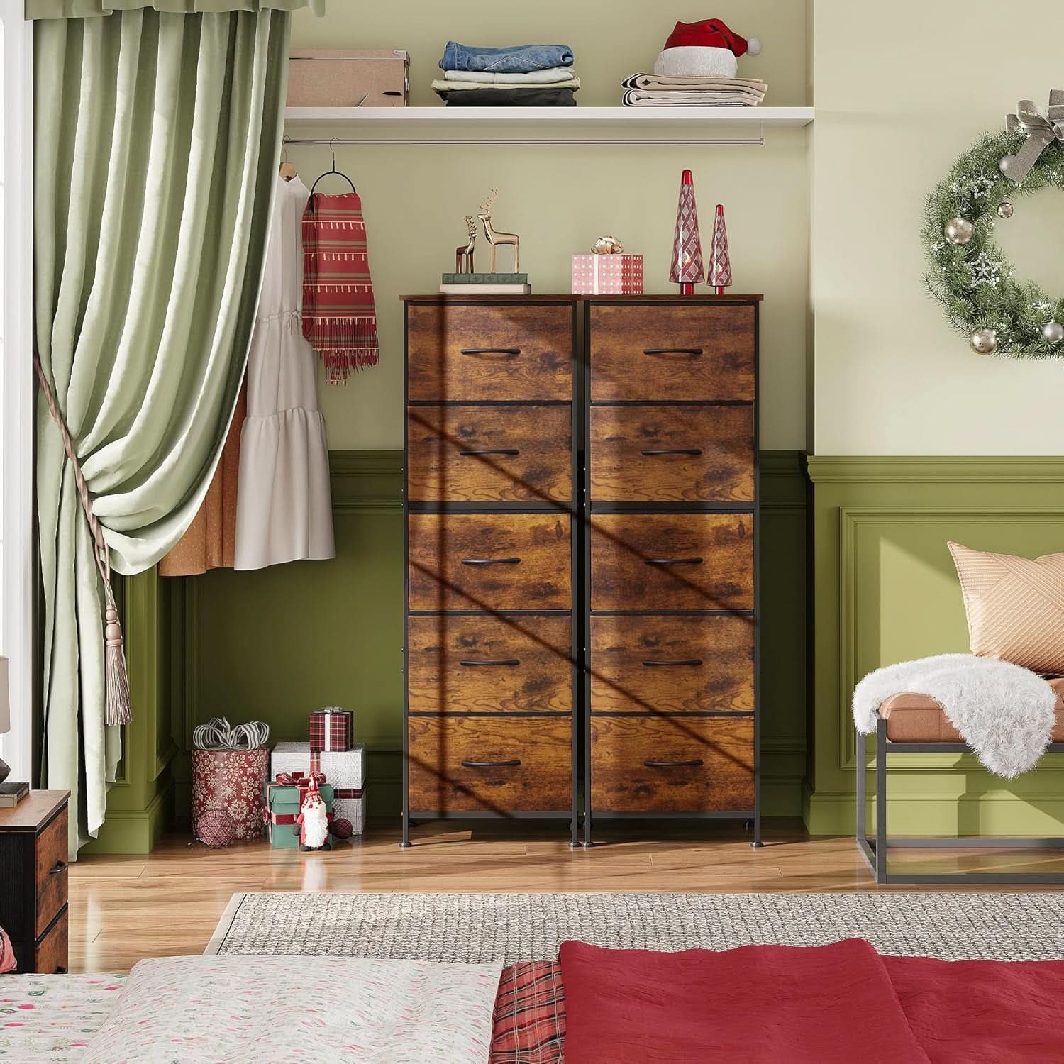 5 Drawer Tall Fabric Dresser With Wood Top And Fabric Bins