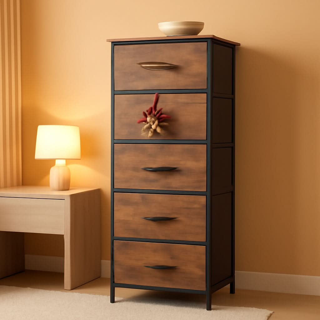 5 Drawer Tall Fabric Dresser With Wood Top And Fabric Bins