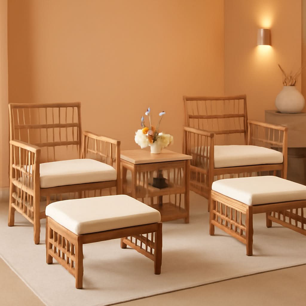 5 Piece Patio Wicker Sofa Set With Cushions Natural Finish