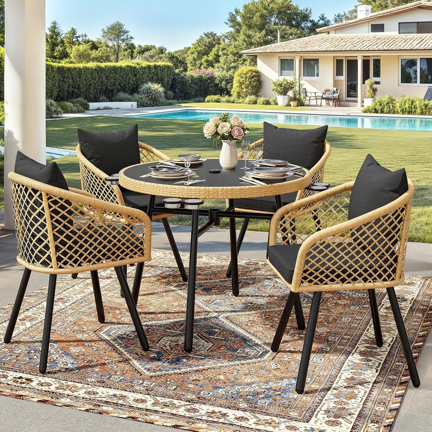5-Piece Rattan Outdoor Dining Set with Cushions