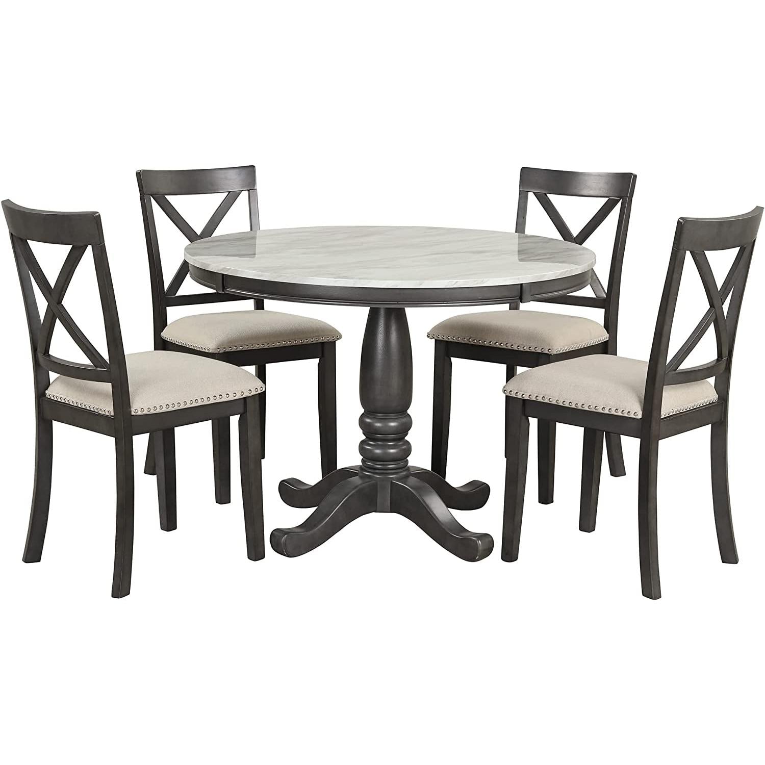5-Piece Round Marble-Style Dining Table Set With Chairs