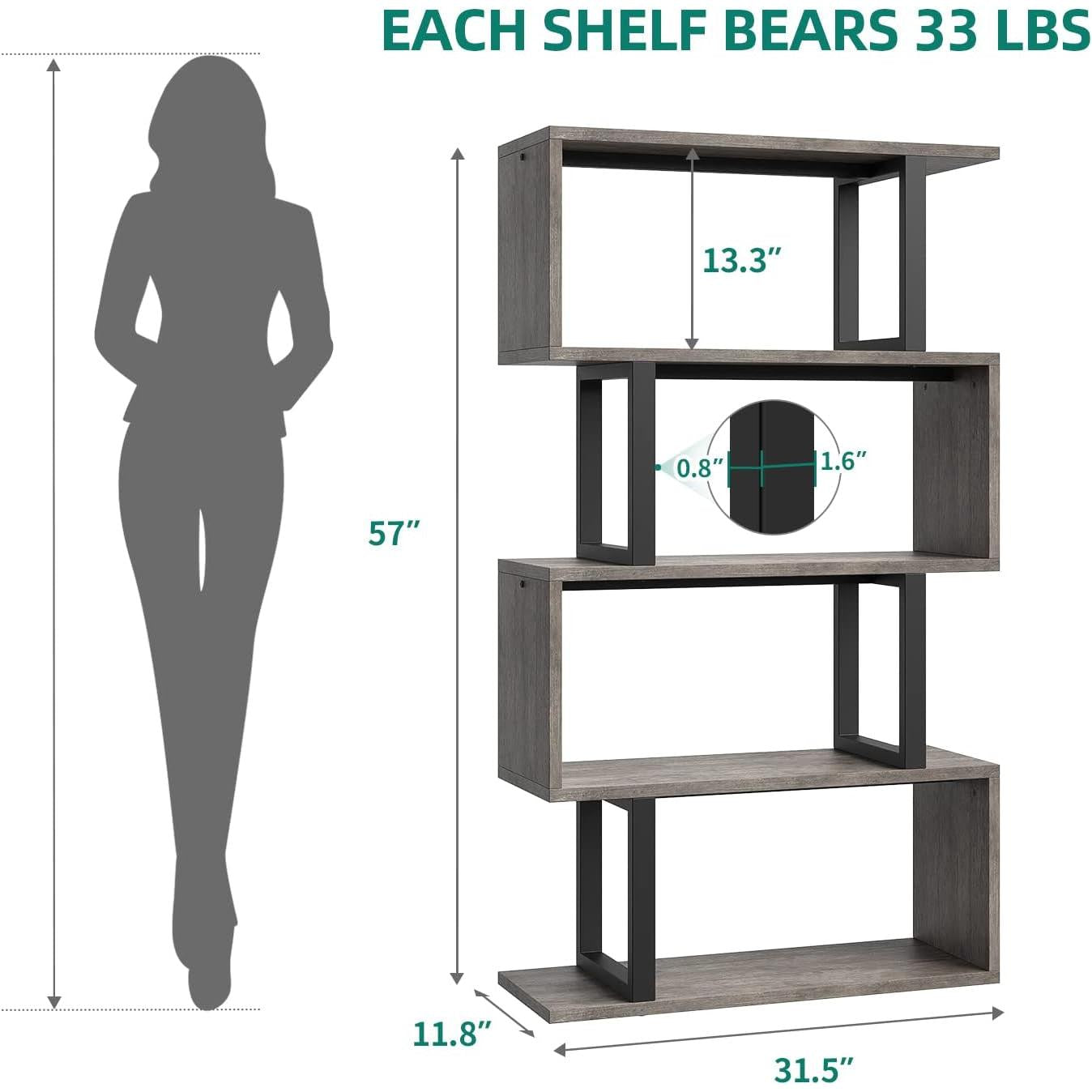 5 Tier Bookshelf Gray and Black for Office and Living Room