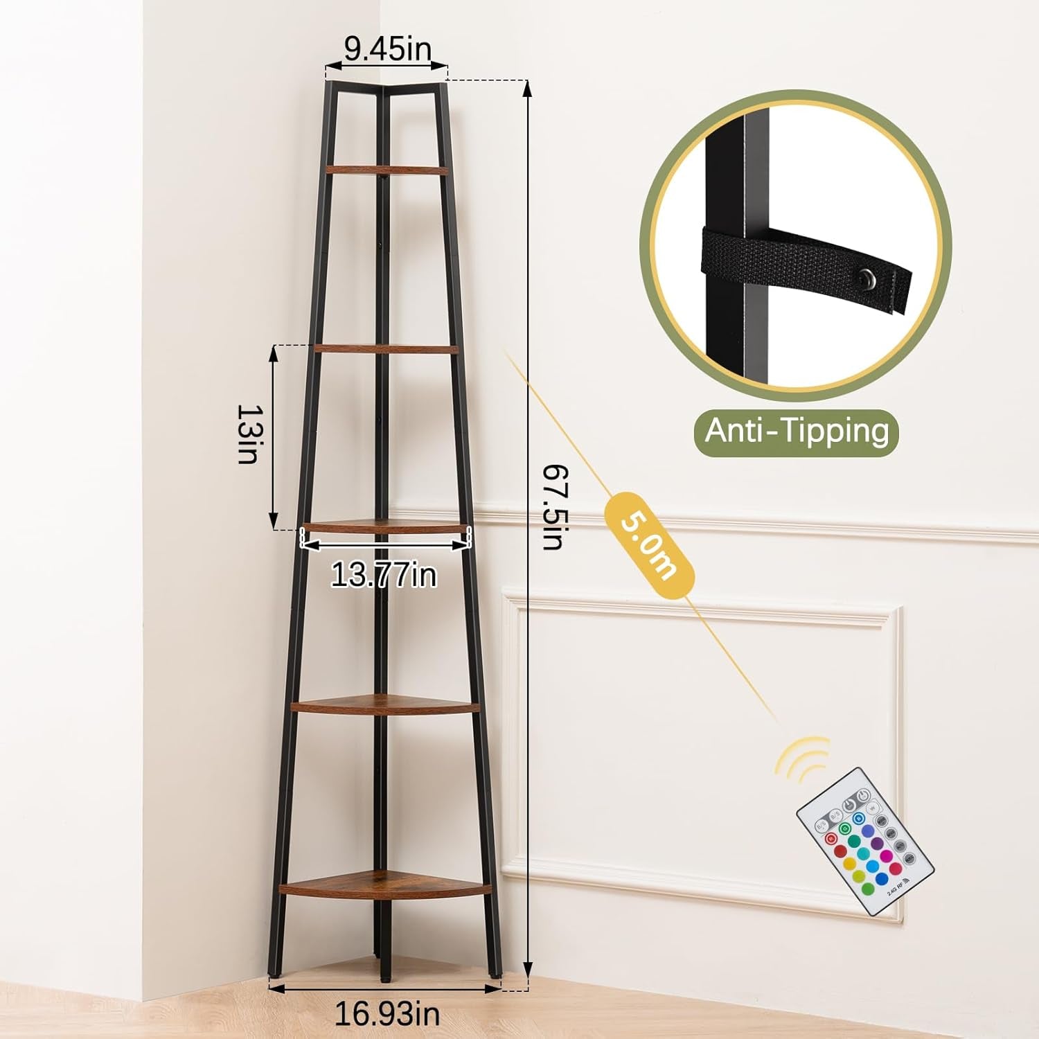 5 Tier Corner Bookshelf With LED Light And App Control