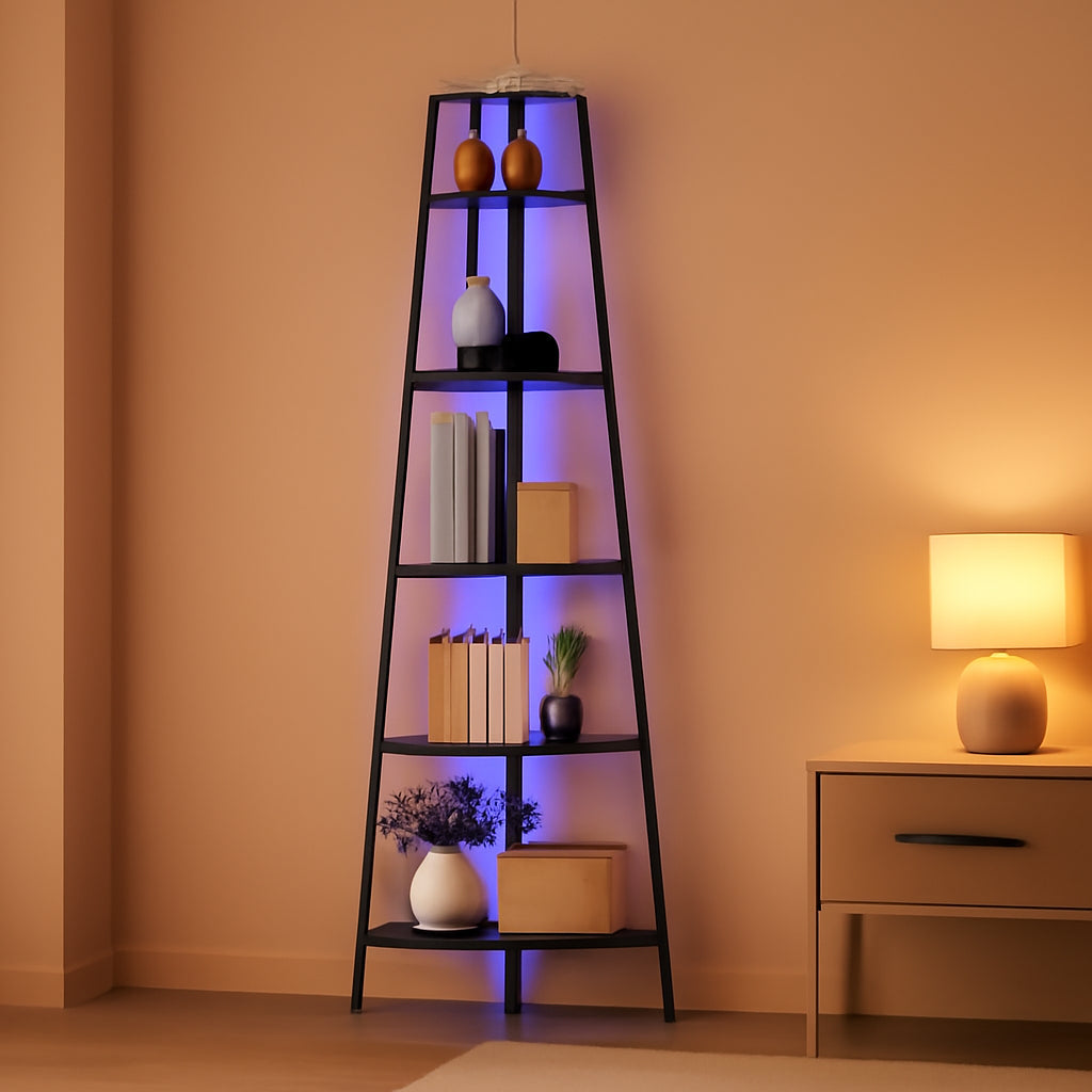 5 Tier Corner Bookshelf With LED Lights For Living Room