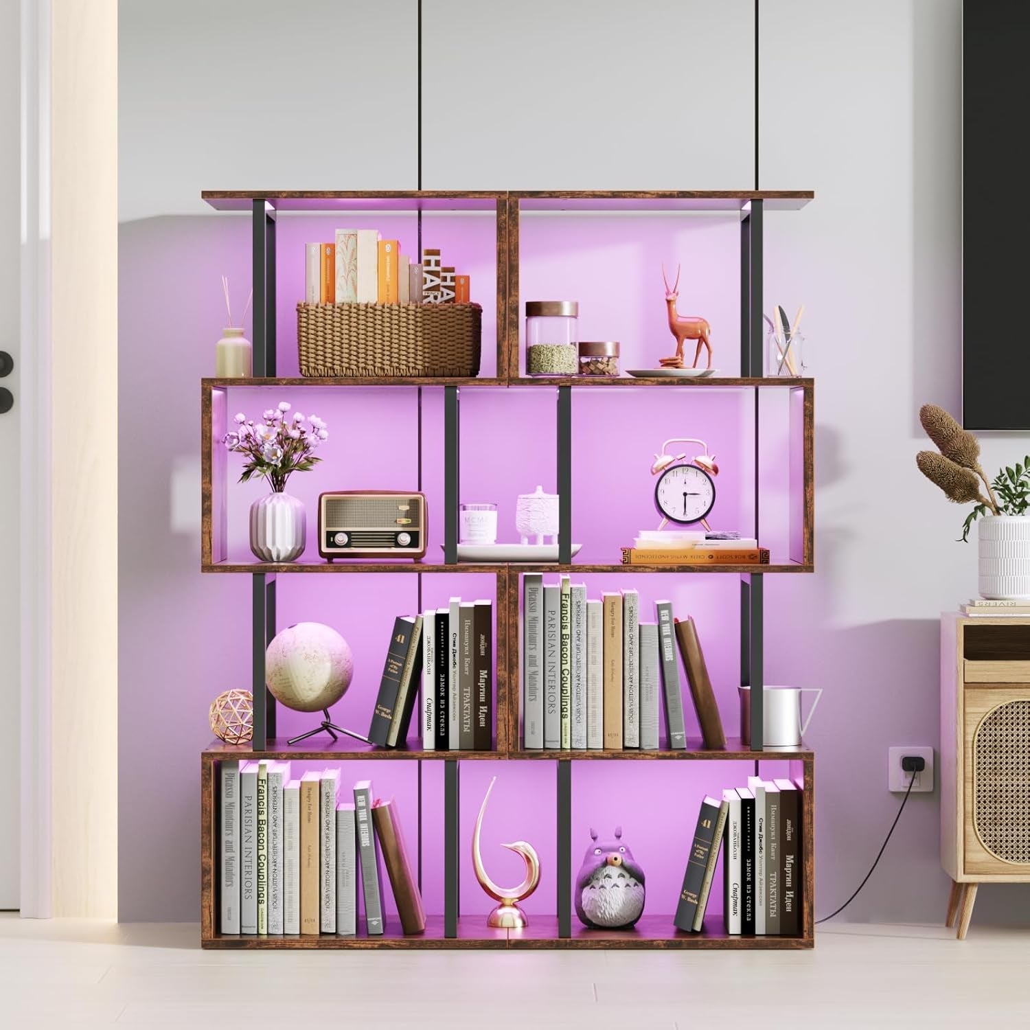5 Tier Geometric Bookshelf With LED Light S Shaped Display