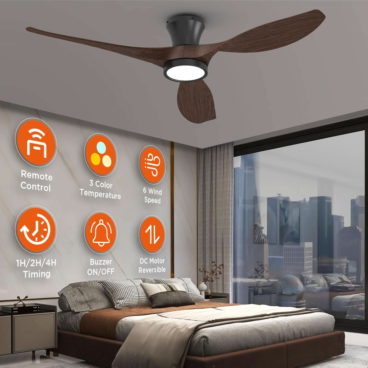 52 Inch Black Walnut Ceiling Fan For Living Room Indoor