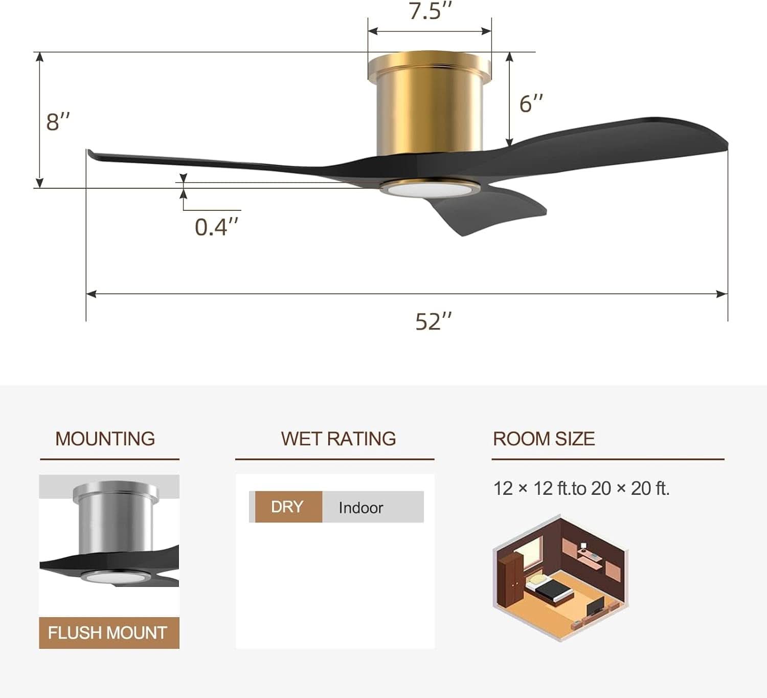 52 Inch Smart Ceiling Fan With Dimmable Light Black Gold
