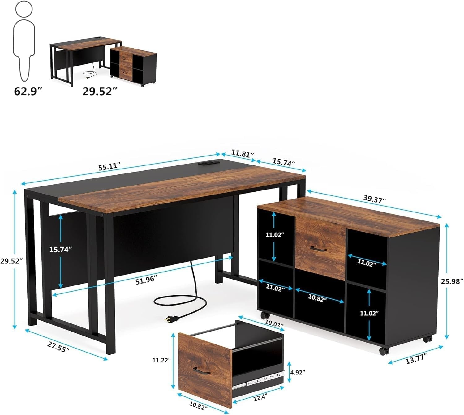55 Inch Brown Executive Desk With Lateral File Cabinet And USB Ports