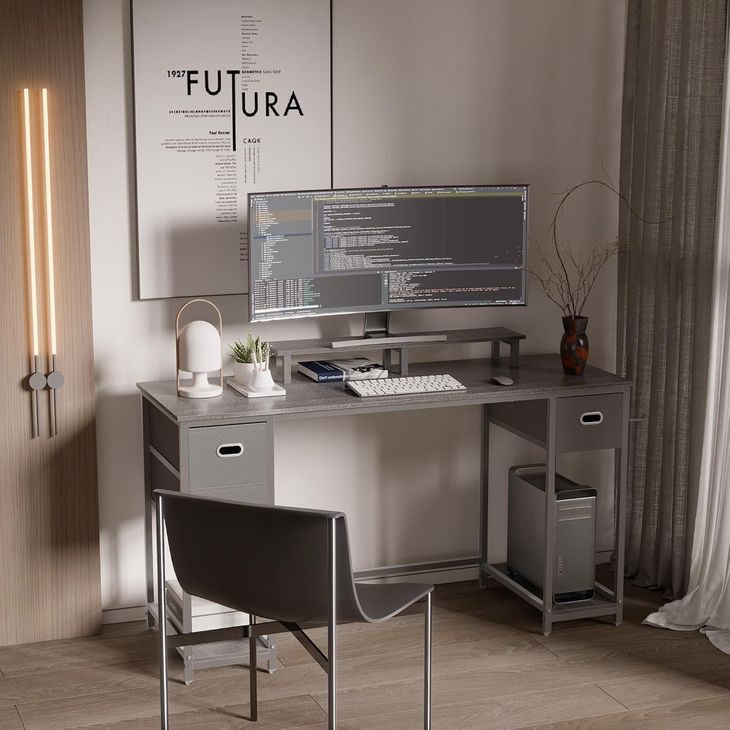 55 Inch Computer Desk With Monitor Stand And Storage Drawers Espresso Gray