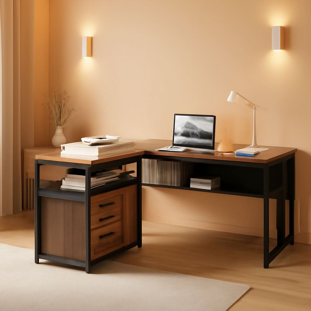 55 Inch L Shaped Desk With File Cabinet Walnut Black