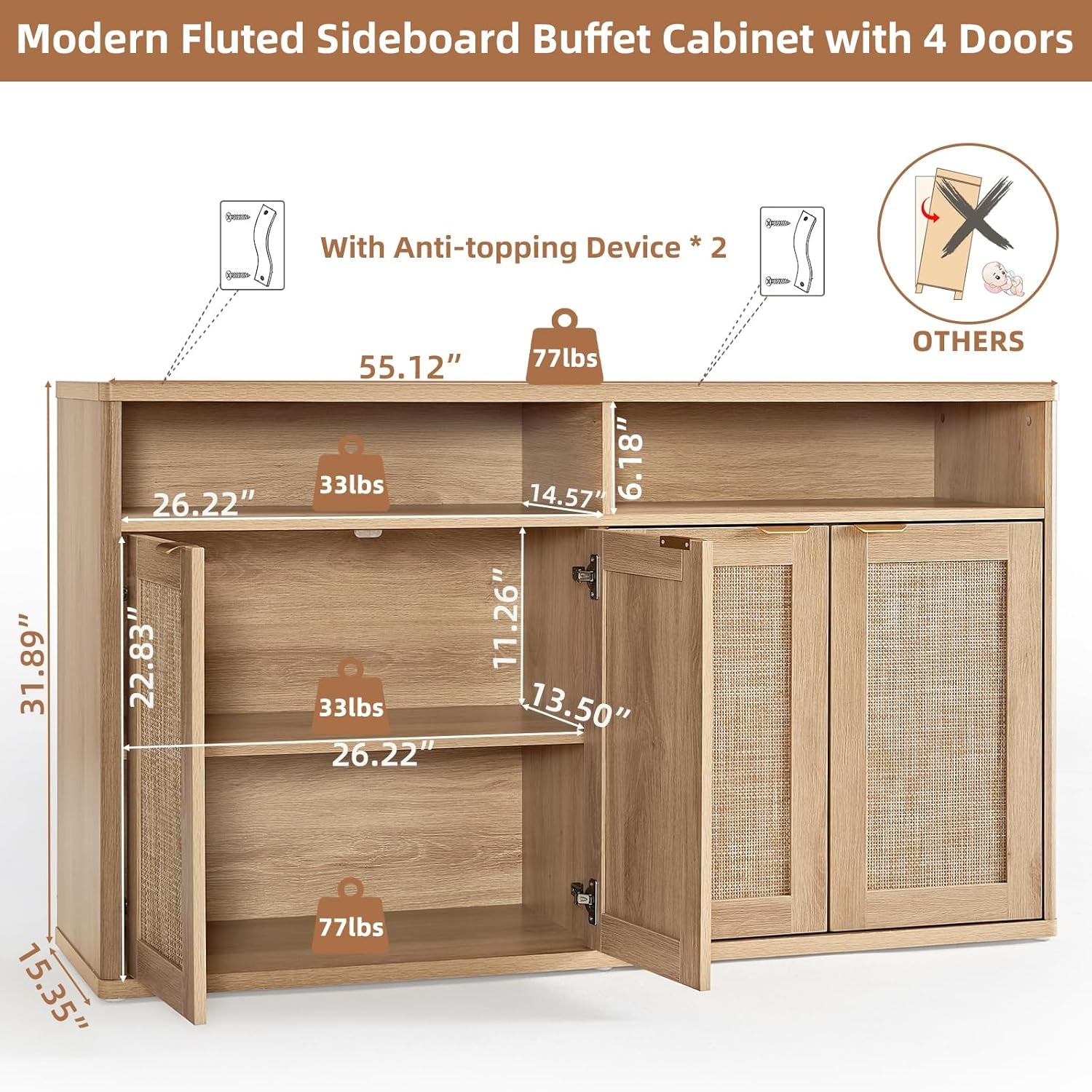 55 Inch Rattan Sideboard Buffet Cabinet With Four Doors Natural Finish