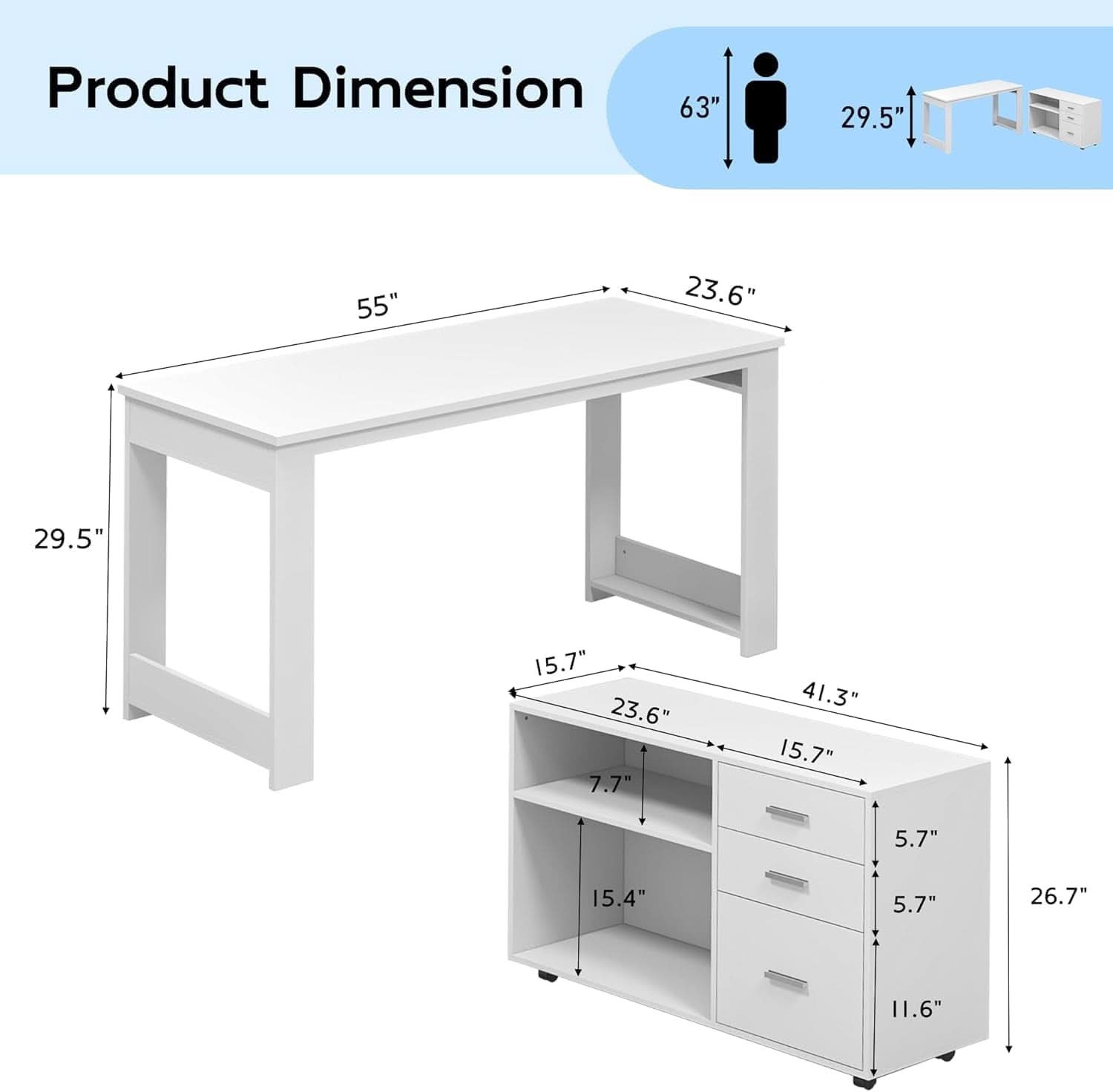55 Inch White L Shaped Desk With Storage Drawers Shelves