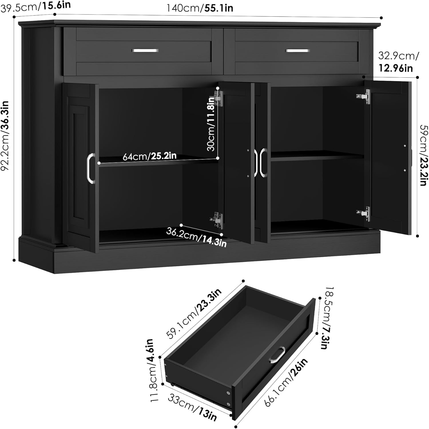 55.1 Inch White Sideboard Buffet Cabinet For Kitchen And Dining