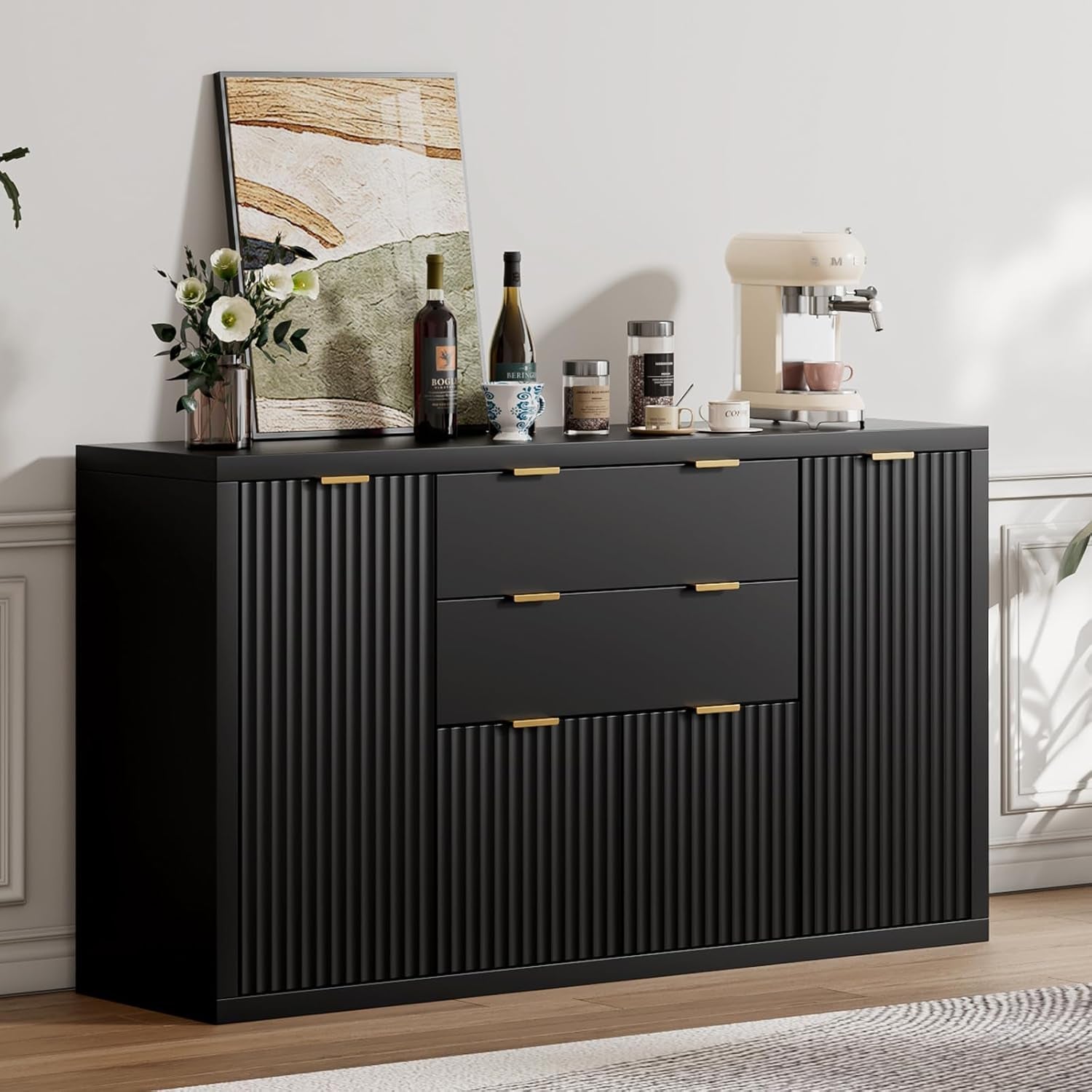 56 Inch Black Fluted Buffet Cabinet With Adjustable Shelves
