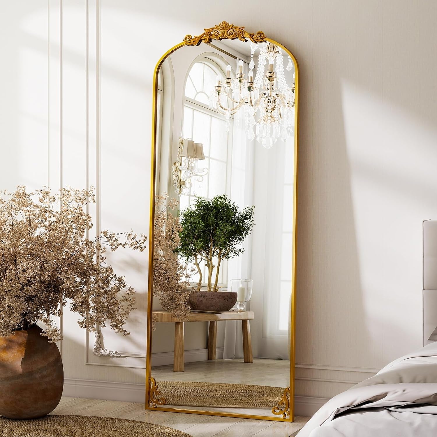 56 Inch Full Length Mirror Gold Vintage Carved Arched Frame