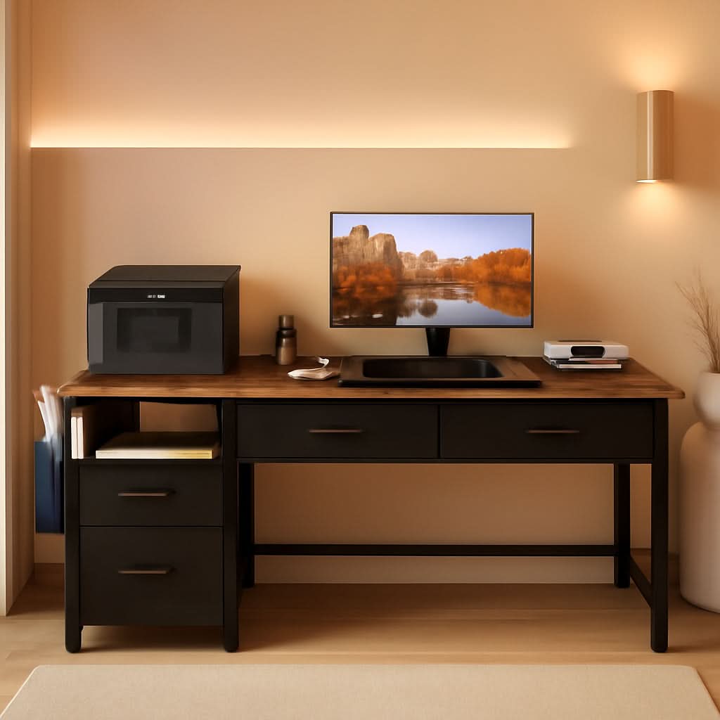 57 Inch Computer Desk Reversible With Fabric File Drawers