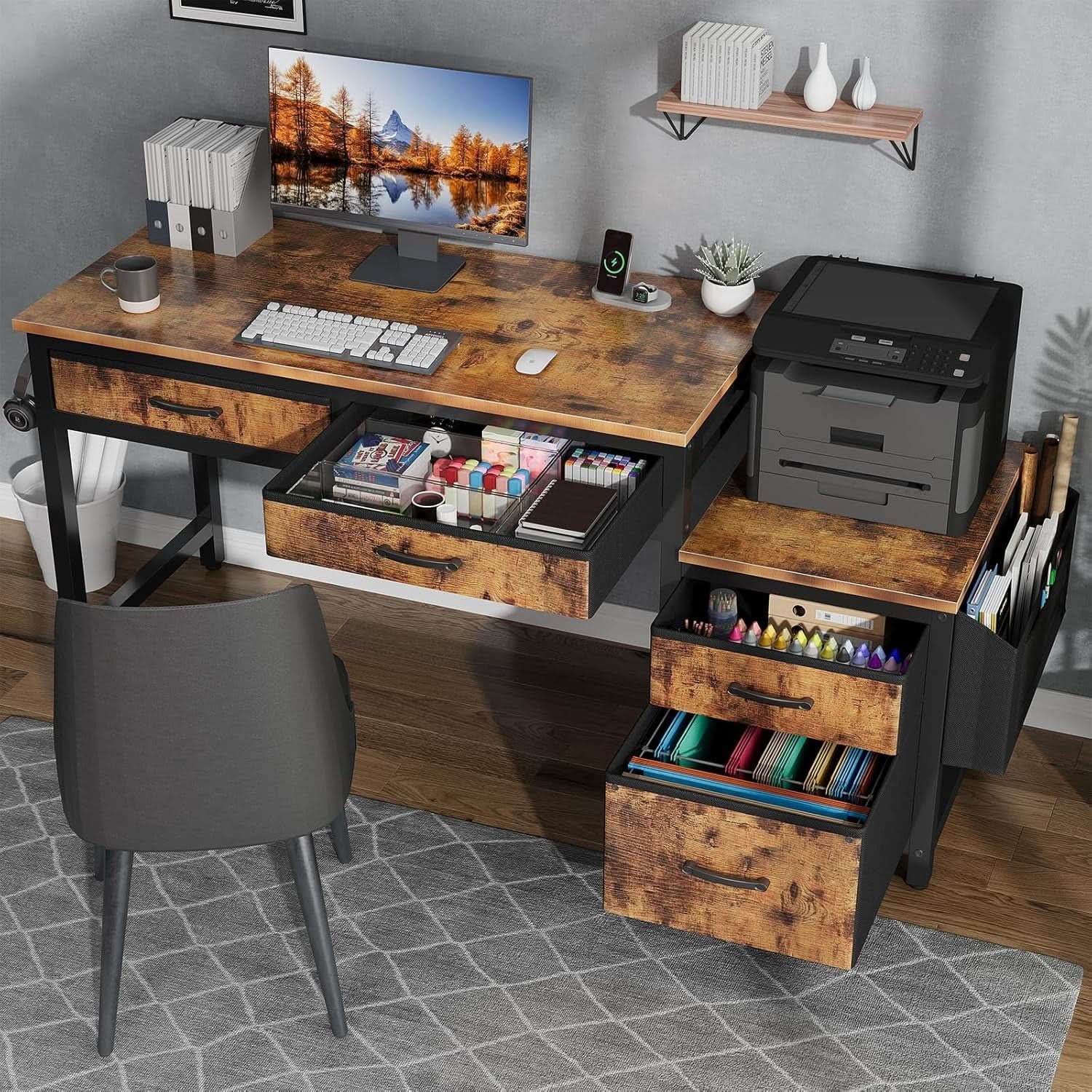 57 Inch Computer Desk With Fabric File Drawers Brown