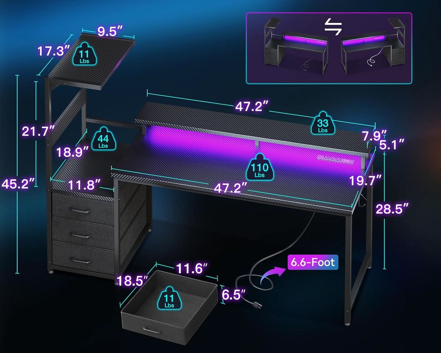 59 Inch Gaming Desk With USB Ports And LED Lighting