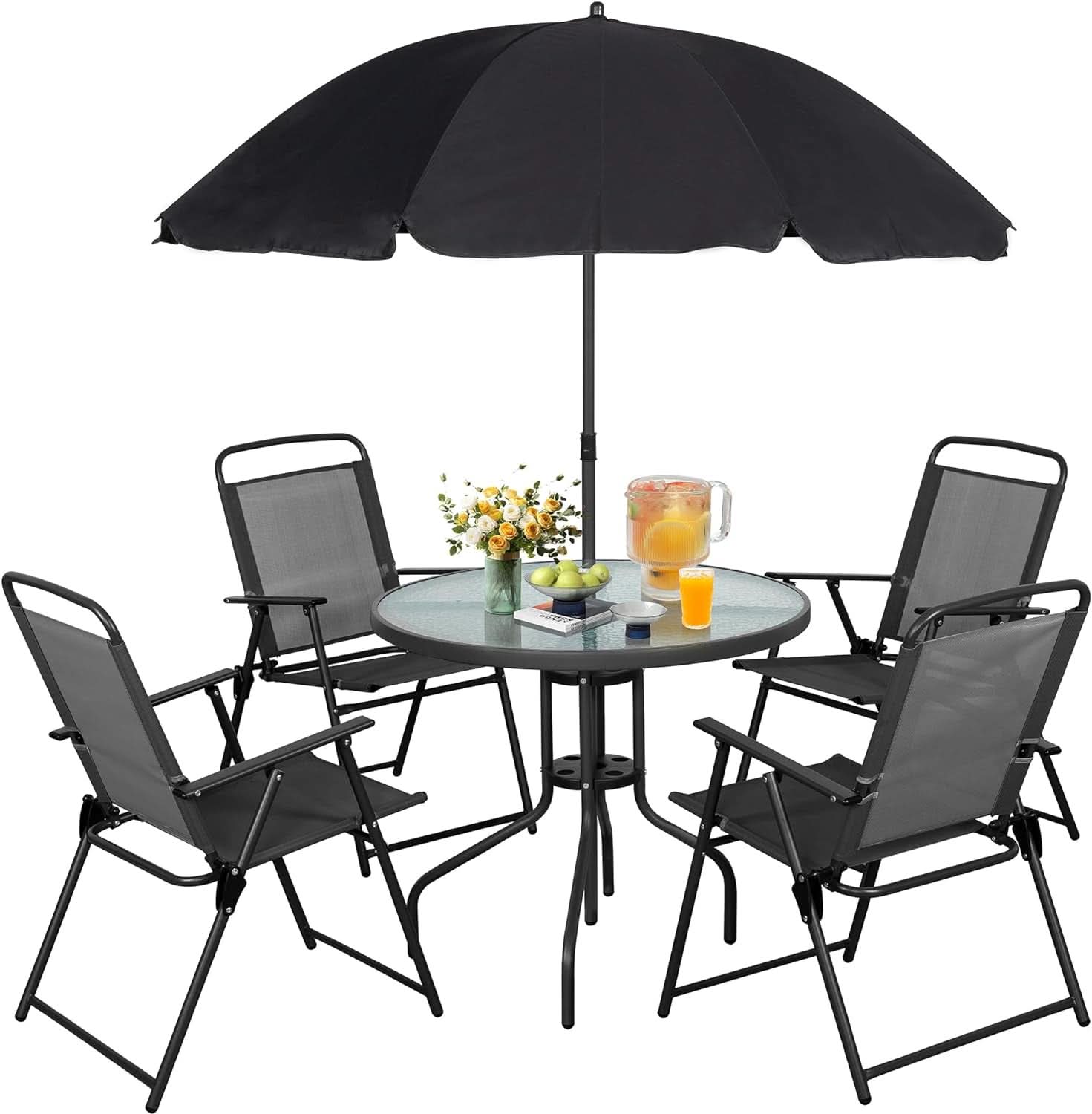 6 Piece Folding Patio Dining Set Black With Umbrella Table