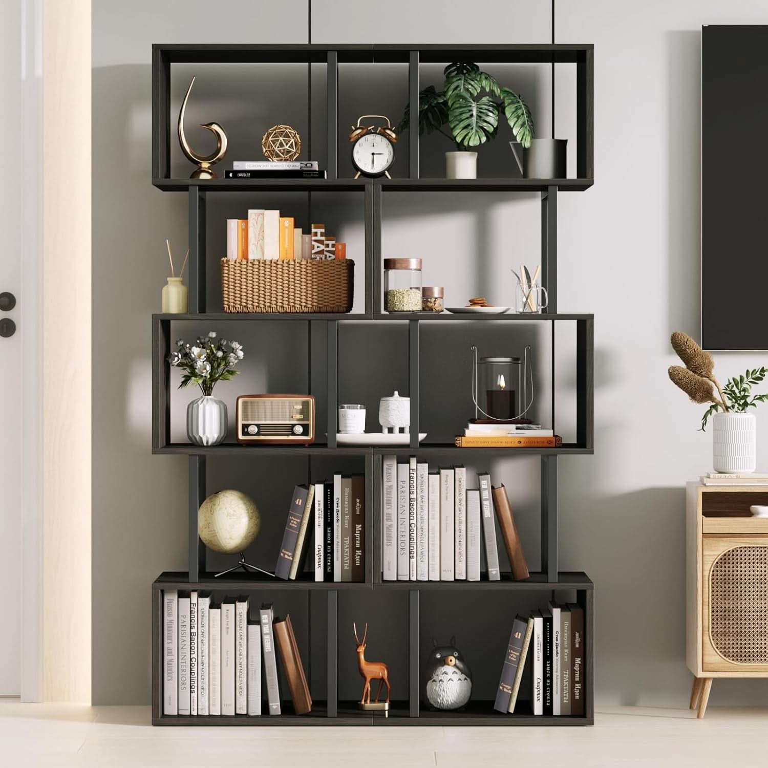6 Tier Bookshelf Oak Finish Modern Storage Display
