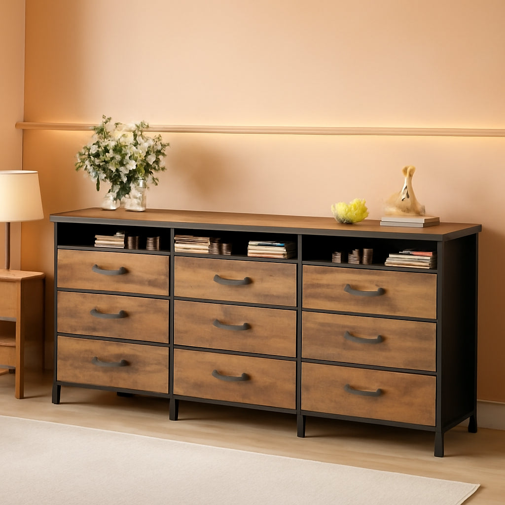 63 Inch Dresser Vintage Rustic Brown Finish With 9 Drawers