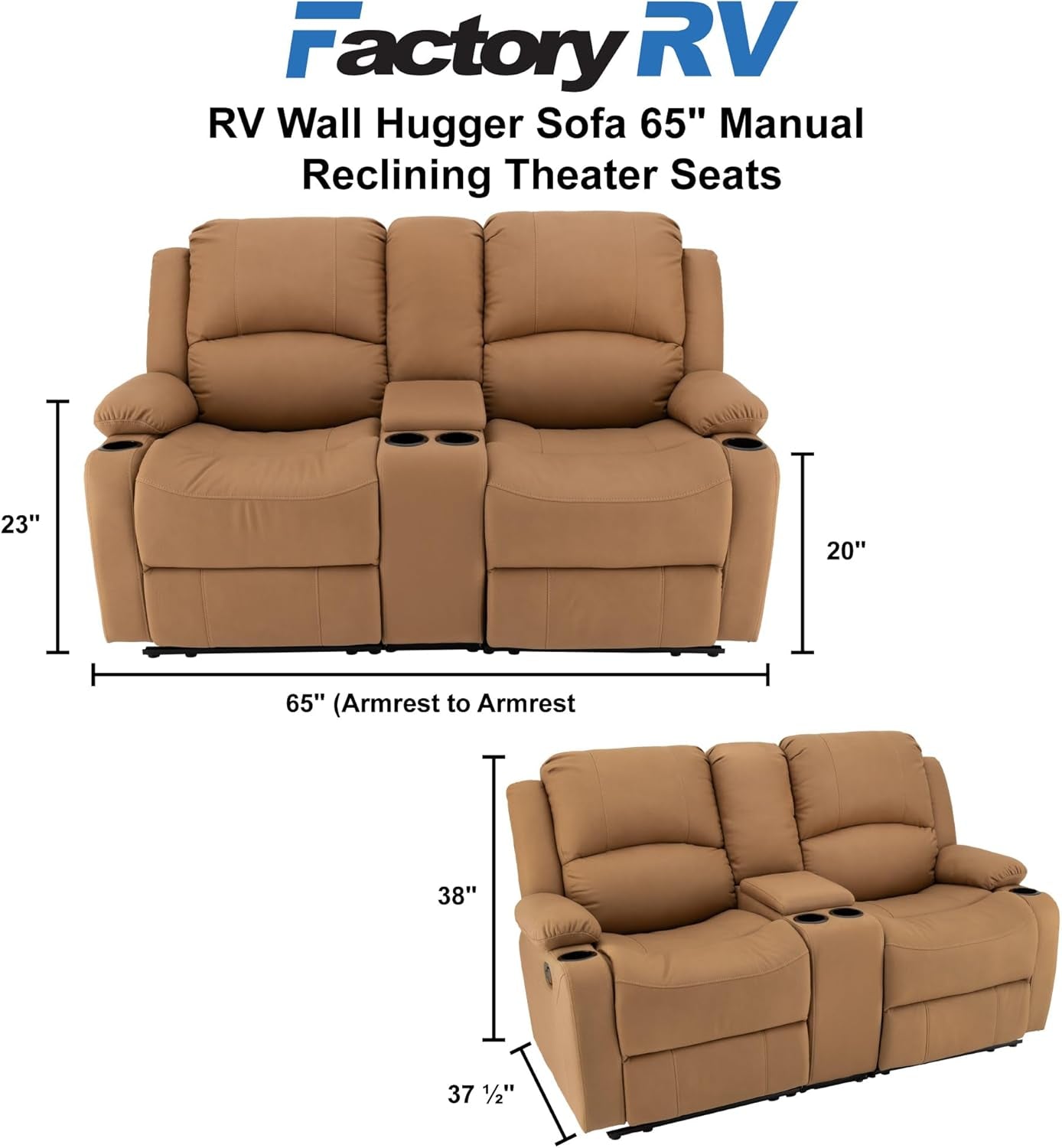 65 Inch Wall Hugger Double Recliner RV Sofa With Console