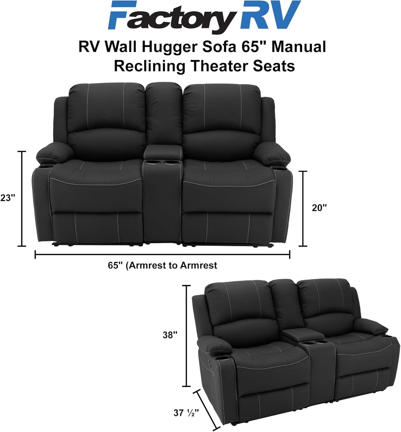 65 Inch Wall Hugger RV Recliner Sofa Console Black
