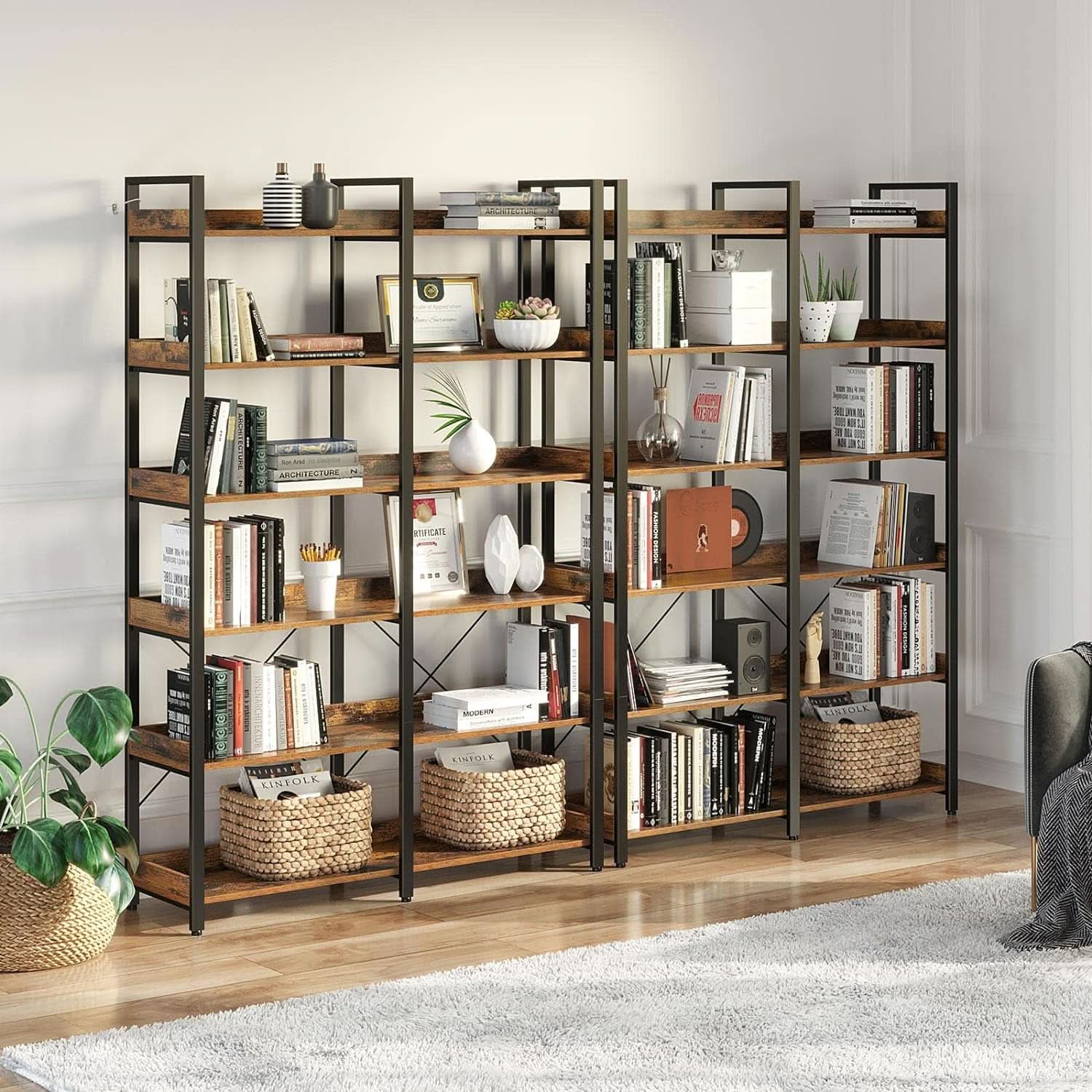 67 Inch 6 Tier Bookshelf Industrial Wooden Rustic Brown With 4 Hooks