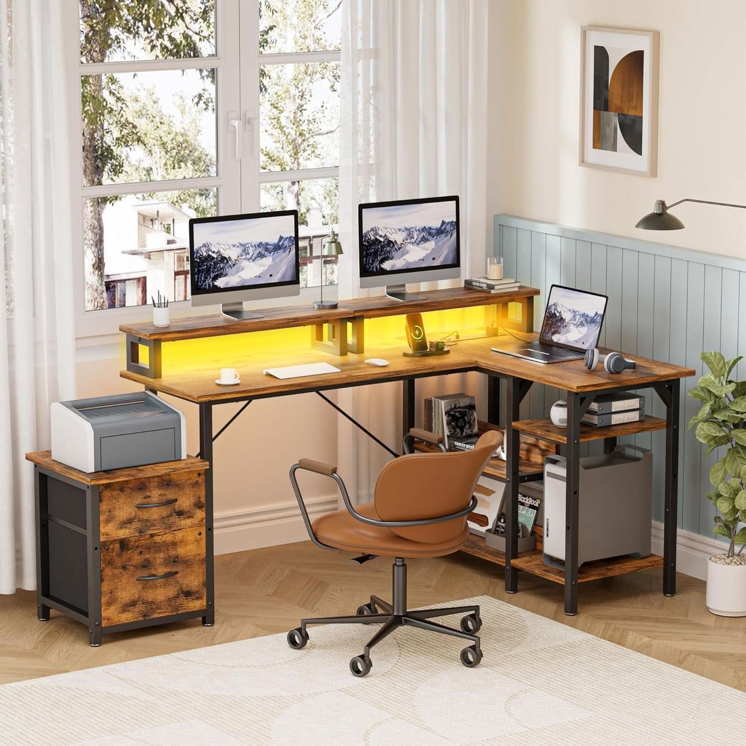 69.3 Inch L Shaped Desk With Power Outlets And Monitor Stand