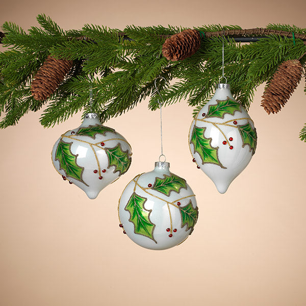 7 Inch Glass Holly Ornament - Ball