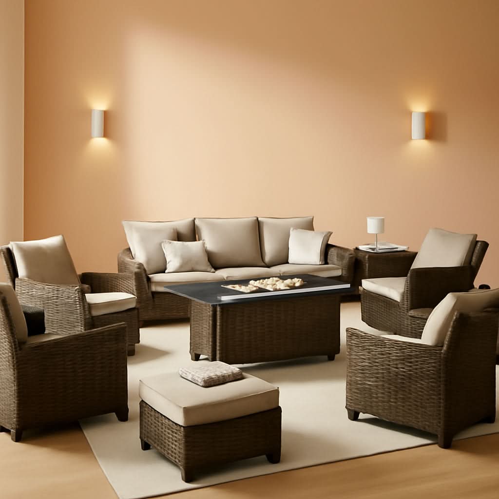 7 Piece Brown Wicker Patio Furniture Set With Fire Pit Table 9 Seats