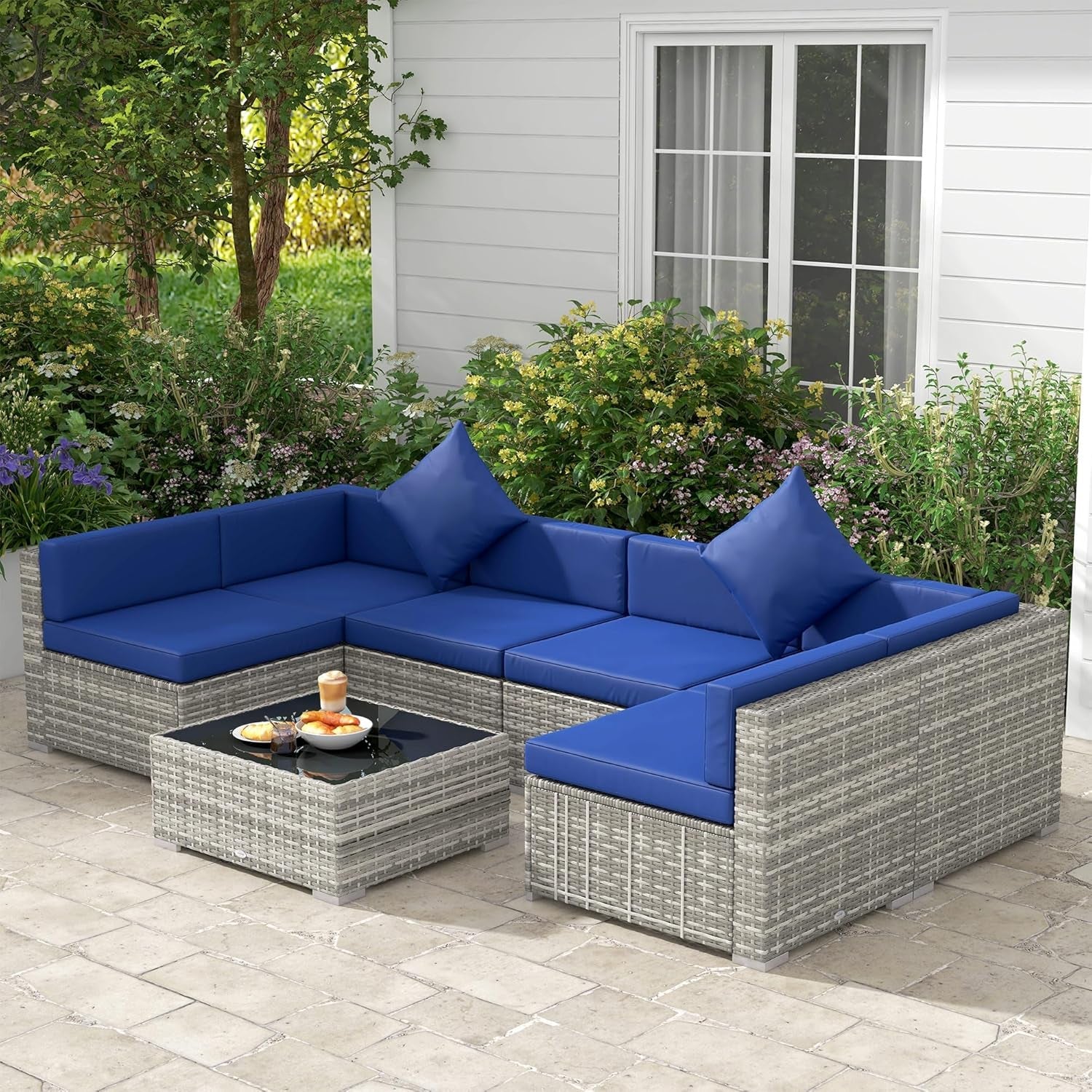 7 Piece Outdoor Patio Furniture Set Wicker Cushions Blue
