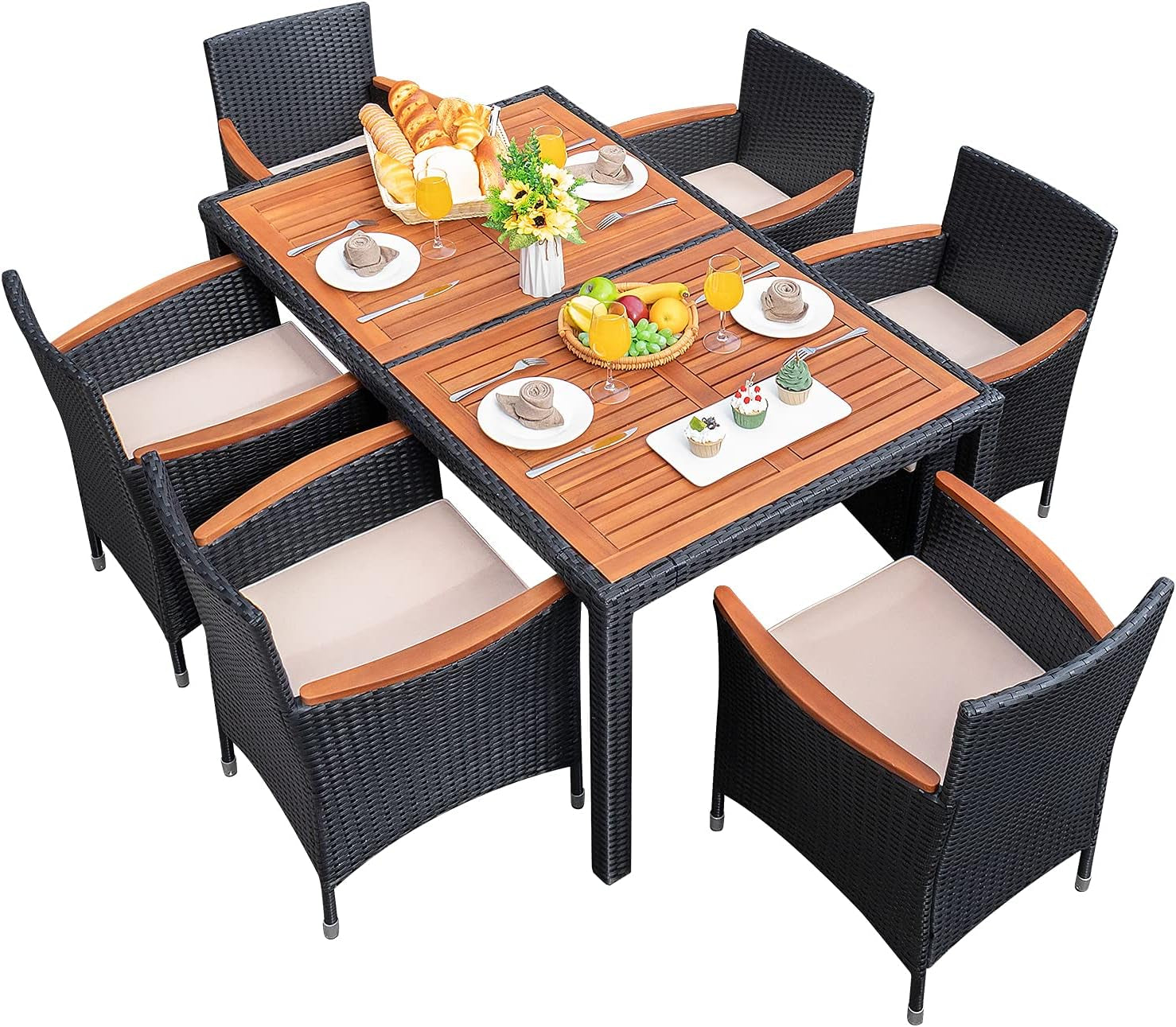 7 Piece Rattan Outdoor Dining Set With Wood Table Top
