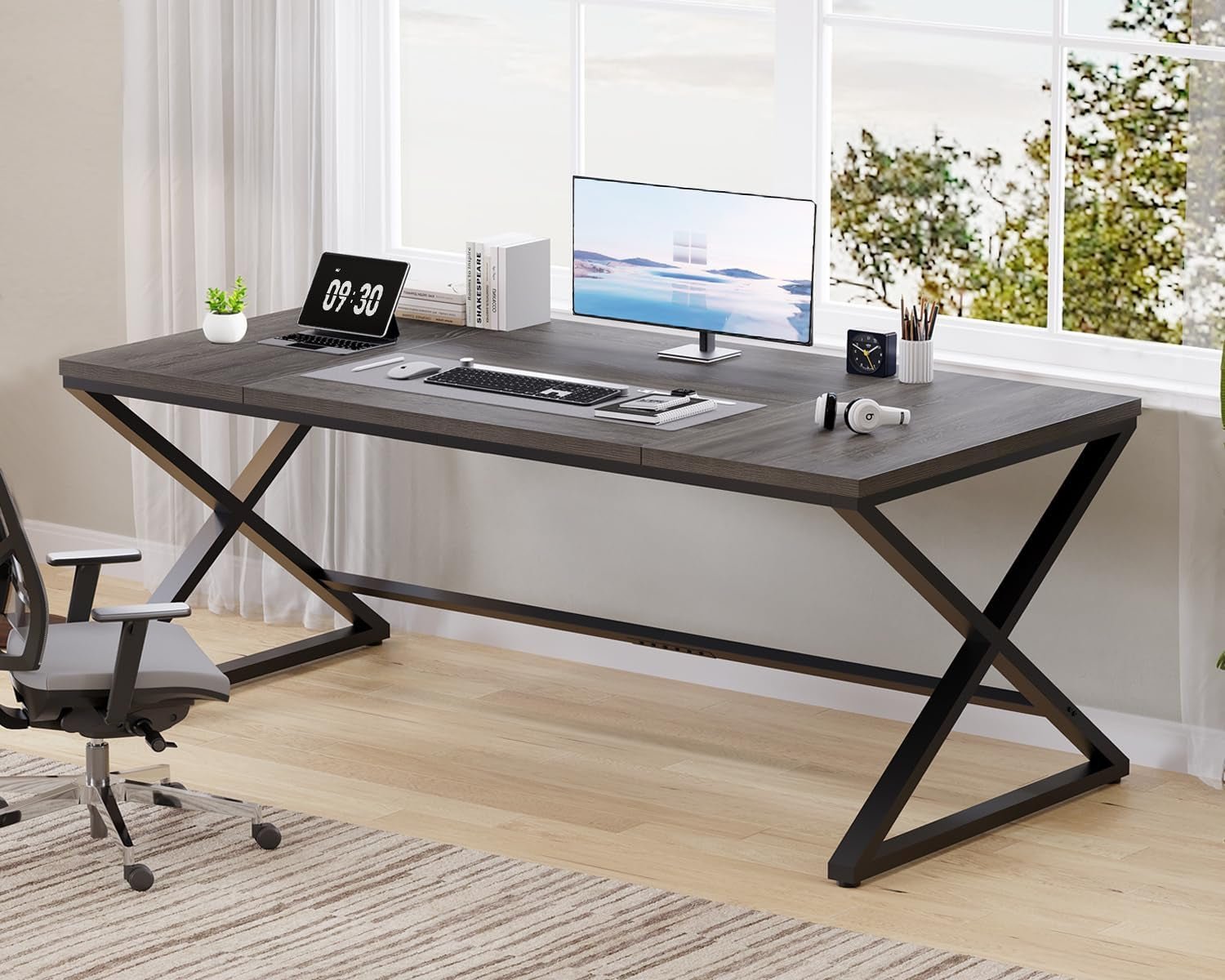 70.8 Inch Dark Gray Oak Computer Desk For Home Office