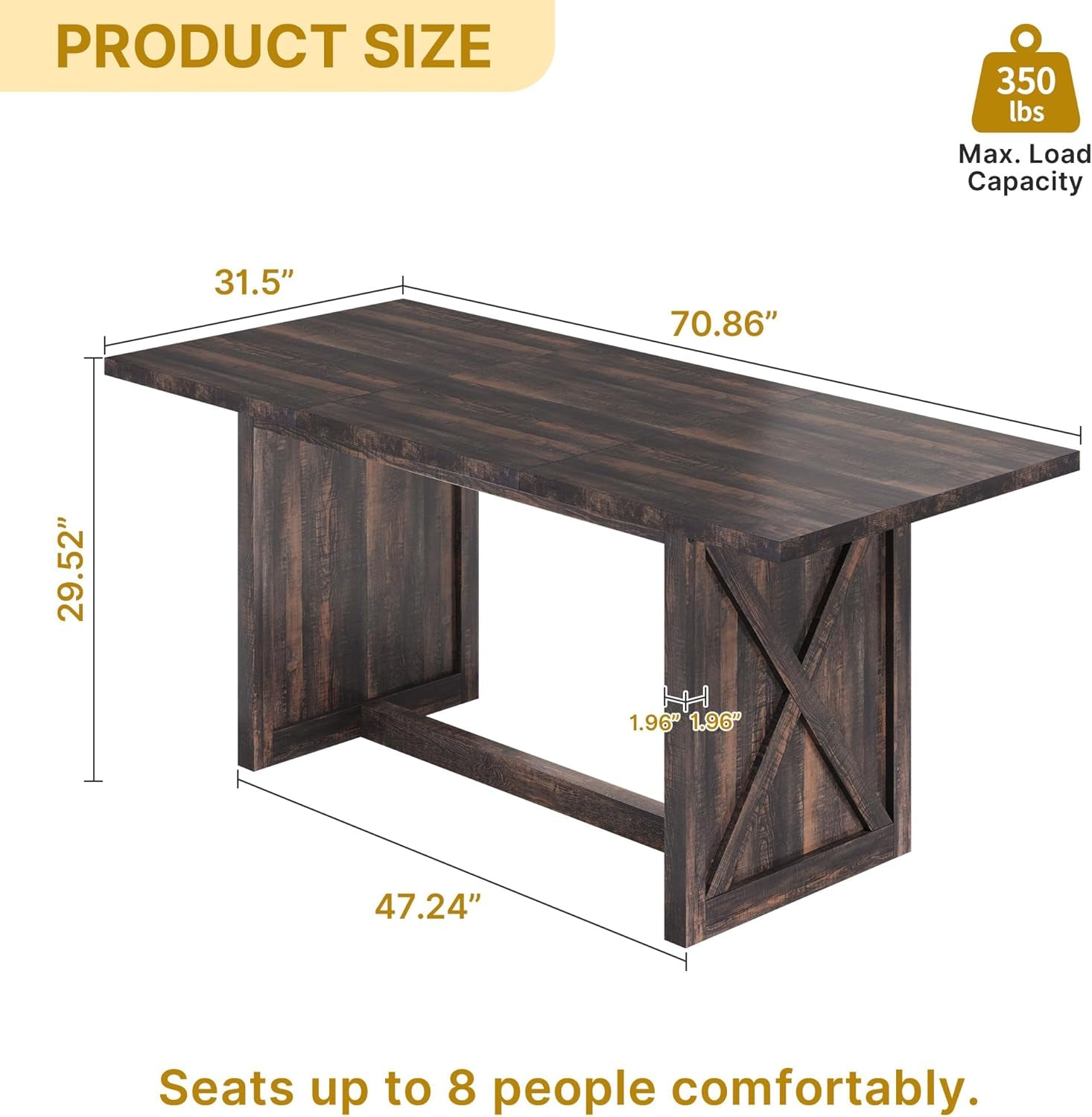 70.8 Inch Farmhouse Dining Table For 6 To 8 People