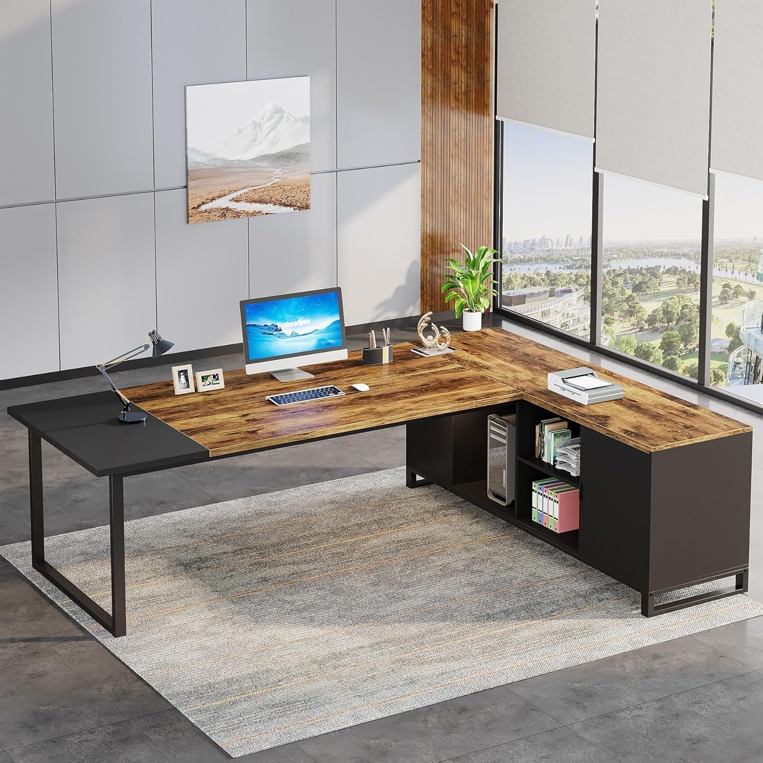 70.8 Inch L Shaped Executive Desk With File Cabinet
