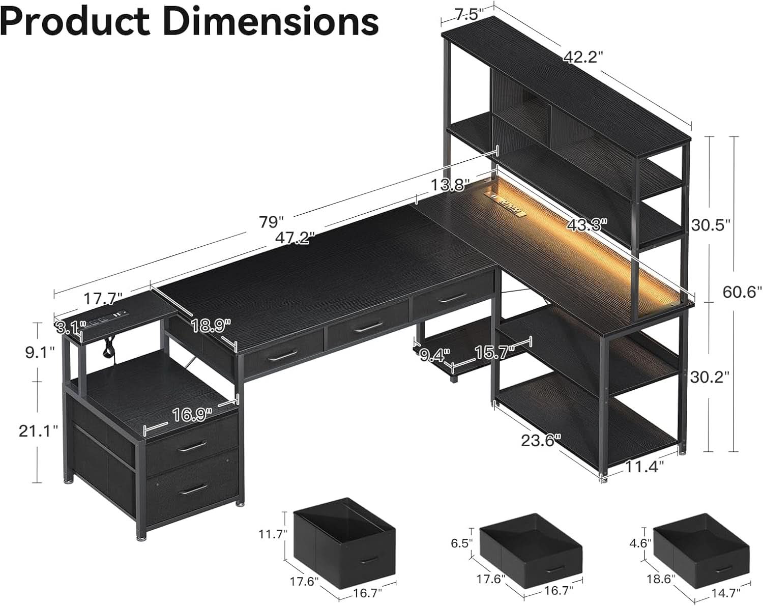 79 Inch L Shaped Desk With File Drawers Reversible Black