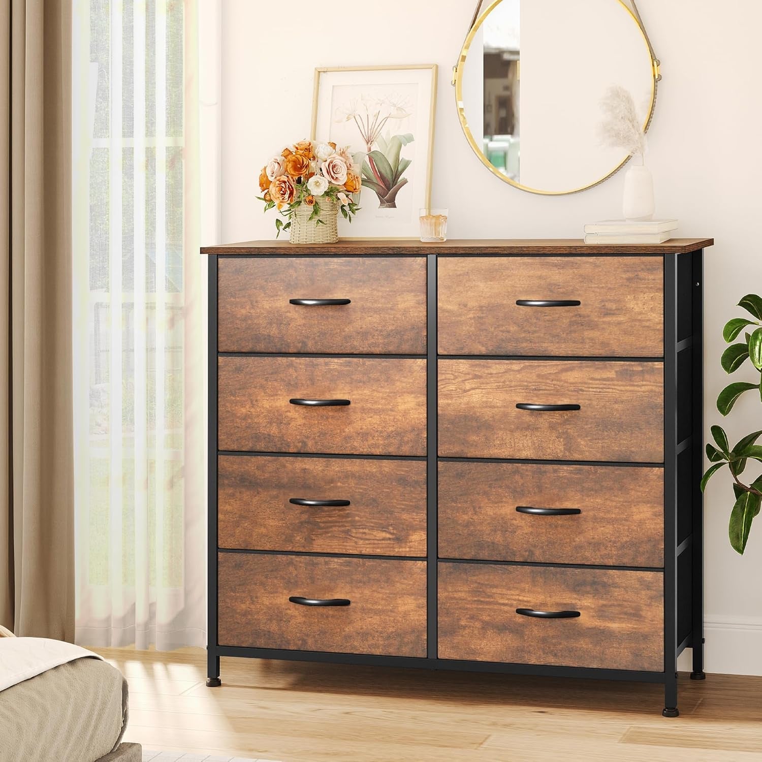 8 Drawer Fabric Dresser With Wooden Top For Bedroom Storage