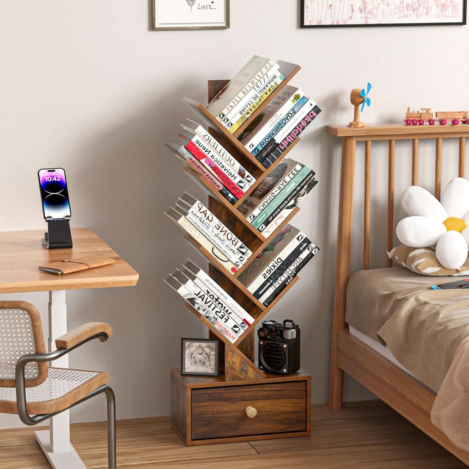 8 Tier Tree Bookshelf With Drawer Rustic Brown Wood