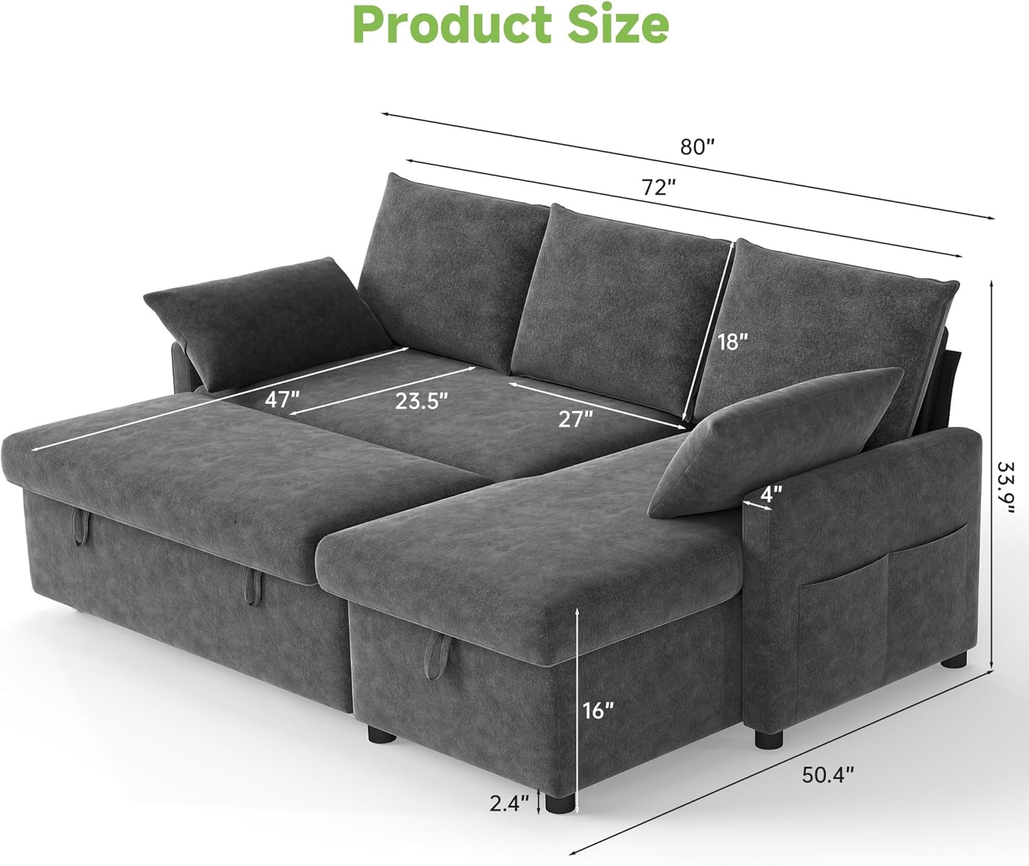 80 Inch Chenille Convertible Sleeper Sofa Storage Compartment